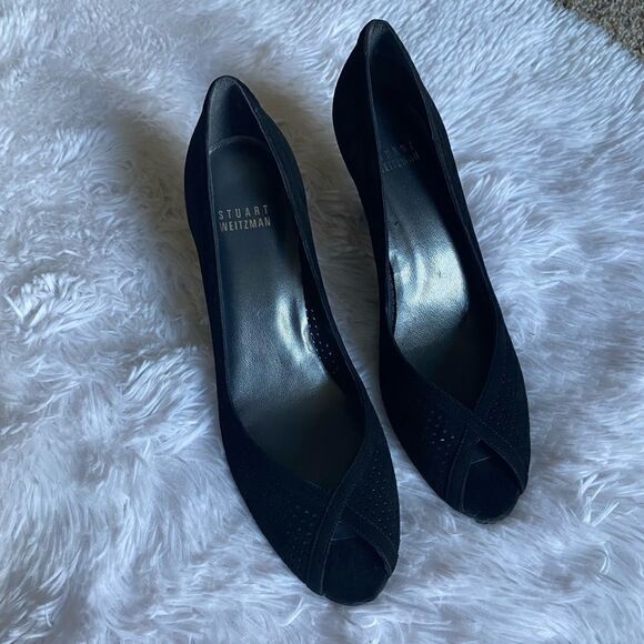 Stuart Weitzman Black Peep Toe Suede Heels Pumps Size 6 EUC - Picture 3 of 16